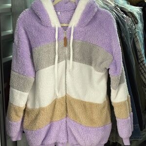 Lavender Haze Purple Tan White Striped Fuzzy Hoodie/Jacket